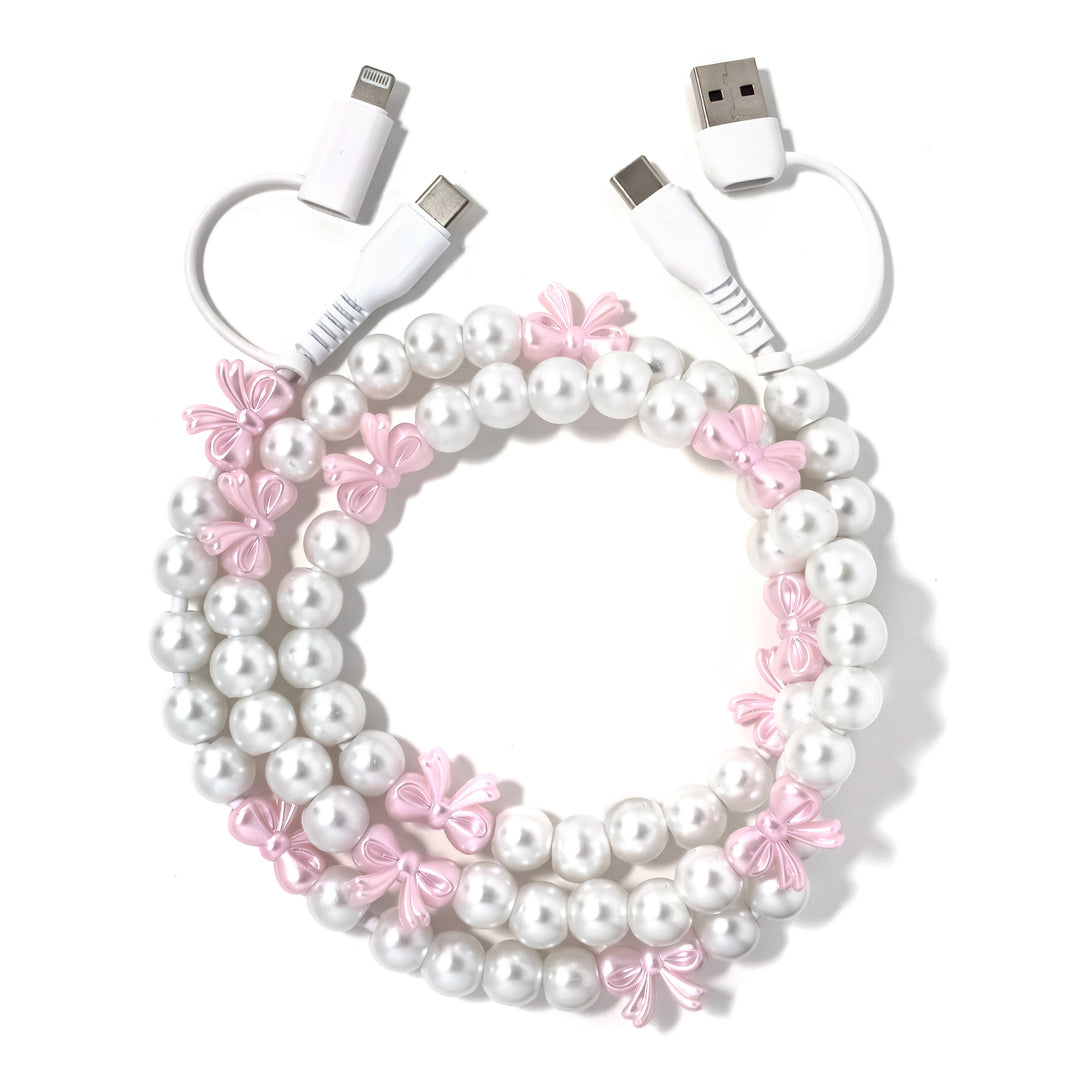 Beaded Phone Charger Whimsy Pearl w/ Pink Bow