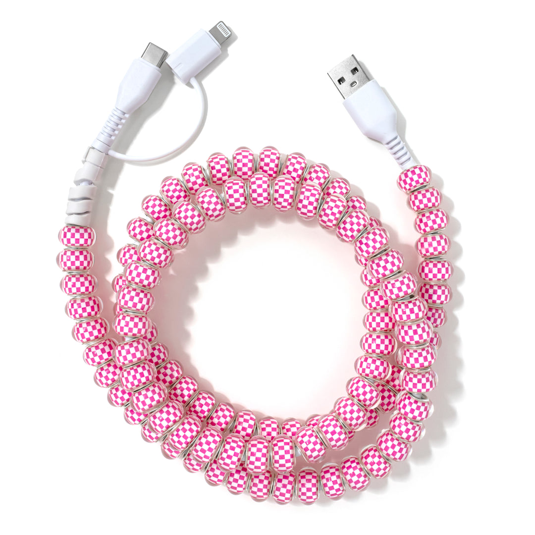 Beaded Phone Charger Pink Checkered - Erimish