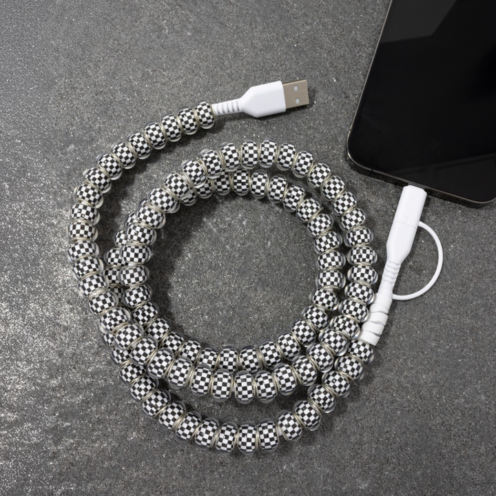 Beaded Phone Charger Black Checkered
