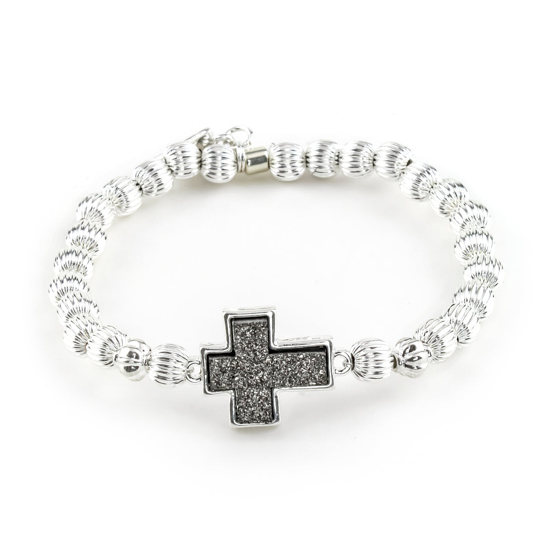 Druzy Cross Bracelet Silver
