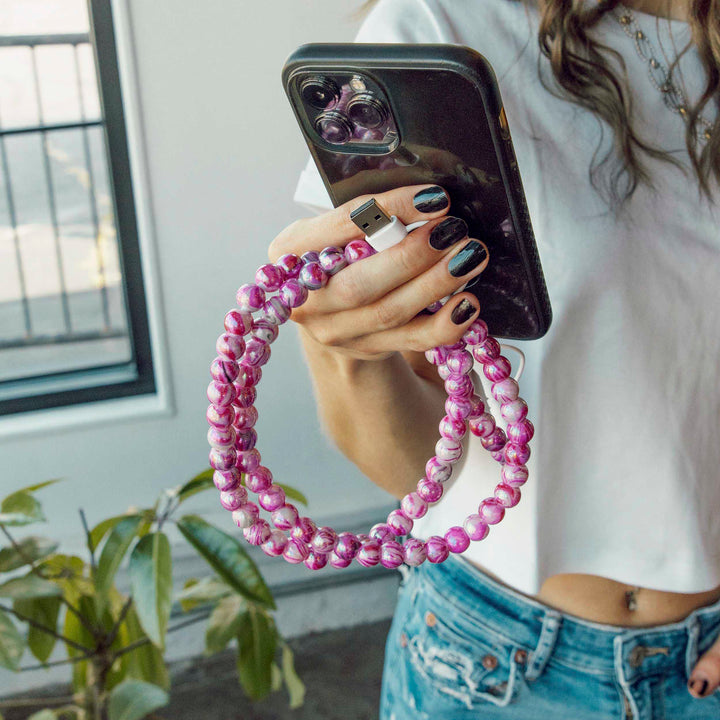 Beaded Phone Charger Marble Pink