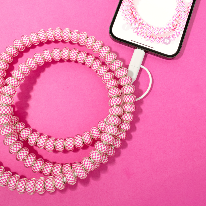 Beaded Phone Charger Pink Checkered
